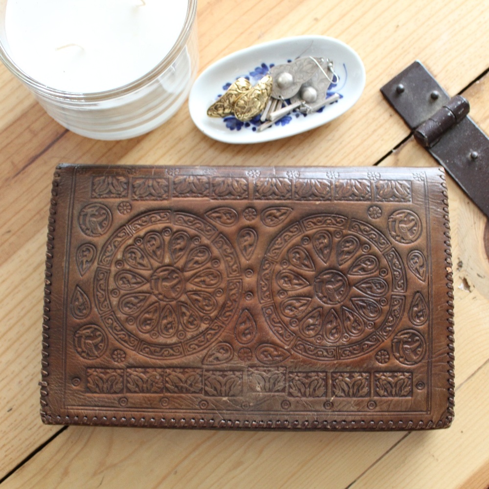 Handtooled Leather Aztec Clutch